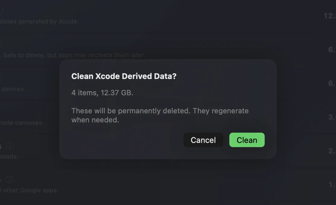 RefreshYourMac's confirmation dialog: Clean Xcode Derived Data? 4 items, 12.37 GB. These will be permanently deleted. They regenerate when needed. With Cancel and Clean buttons.